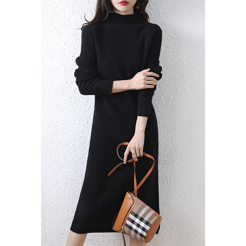 Falda larga de estilo elegante para ir al trabajo, otoño e invierno 2025, vestido de punto de color puro con cuello medio de punto, intelectual y suave. image 7