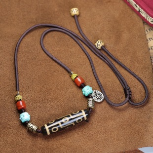 Xizang Nine-Eyed Dzi Bead Pendant Summer Men's and Women's Clavicle Chain Woven Rope Necklace Turquoise Camel Bone Accessories