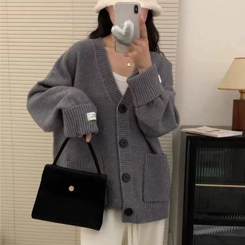 韩版复古V领针织开衫女秋冬新款宽松卷边袖贴布口袋软糯毛衣外套|undefined