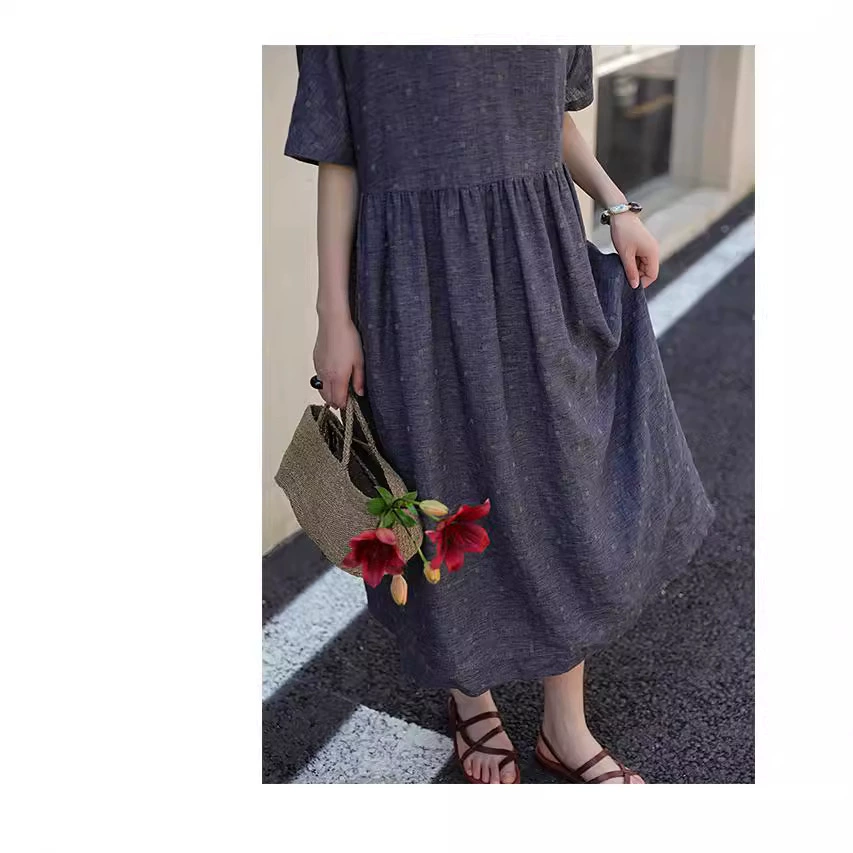 2024 весна и лето новое льняное хлопковое маленькое клетчатое тканое платье с V-образным вырезом свободное повседневное платье с короткими рукавами