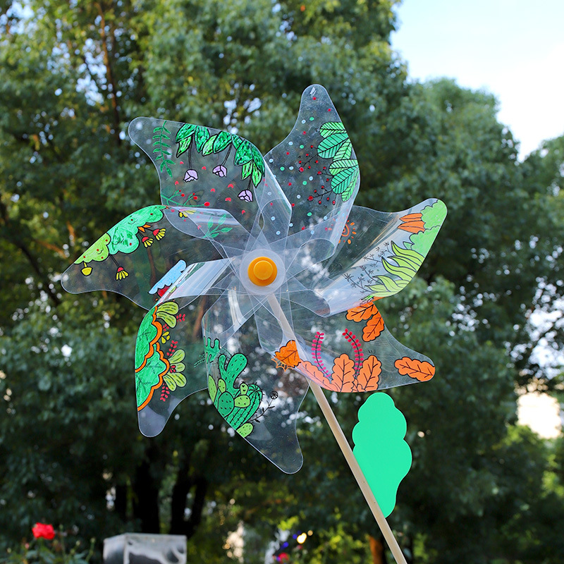 Transparent white PVC plastic windmill handmade DIY kit for children's doodle painting windmill creative coloring