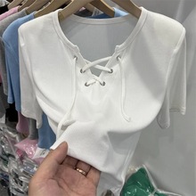 设计感小众绑带螺纹短袖t恤女夏装韩版新款修身洋气圆弧小衫上衣
