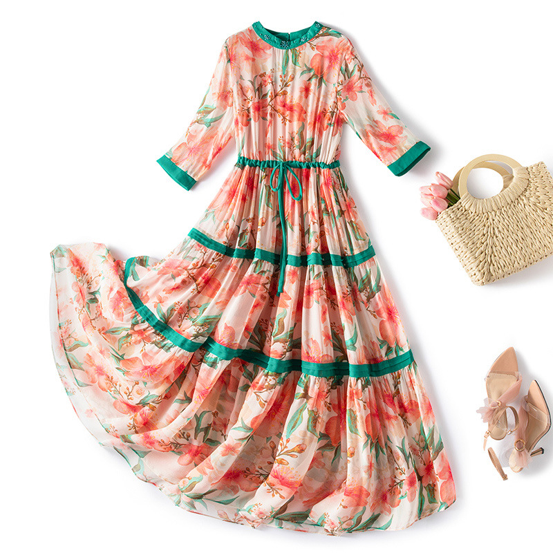 Spot Europe and the United States large size women's clothing 2021 summer sweet foreign style large size printed chiffon skirt fat mm covered meat slim dress