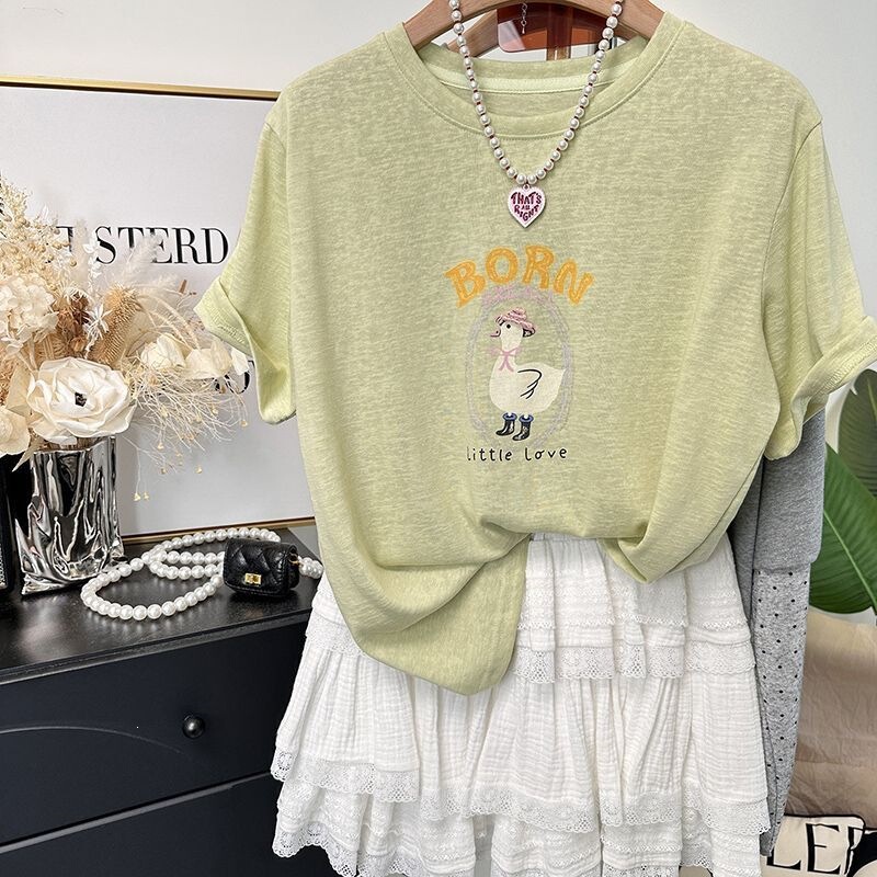 Korean Fashion Beaded Duckling Loose Slimming Thin Snowflake Cotton T-Shirt Women's Short-Sleeved Summer Top