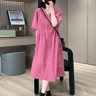 绝美粉色裙子女夏季2026新款甜美设计感小众微胖女生连衣裙小个子