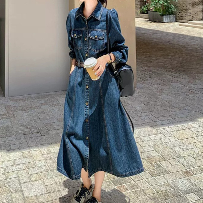 Spring and Autumn Long Denim Dress with Long Sleeves, Women's Autumn Clothing, 2026 New Style, Fashionable and Trendy
