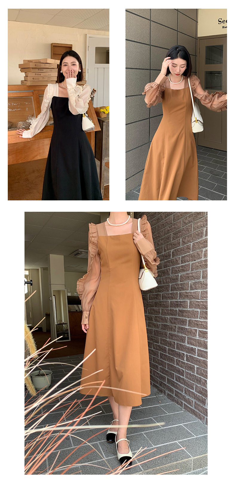 [XF]秋季长袖连衣裙女士堆堆袖方领高腰长袖修身显瘦女装档口新品详情9