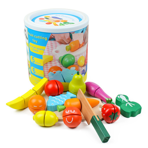 Children's kitchen play house toy bucket magnetic building block combination cut and look wooden simulation fruit and vegetable set