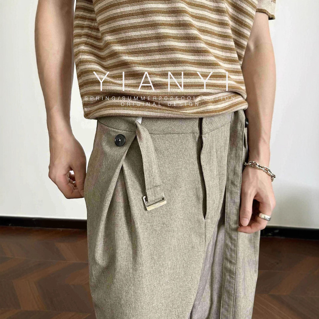 EME Herren Frühling und Herbst Ruhiger Luxus Khaki Fließender Frost Feel Gürtel Kendo Plissee Niedrige Taille Hose Weites Bein Lässig_voghion.com