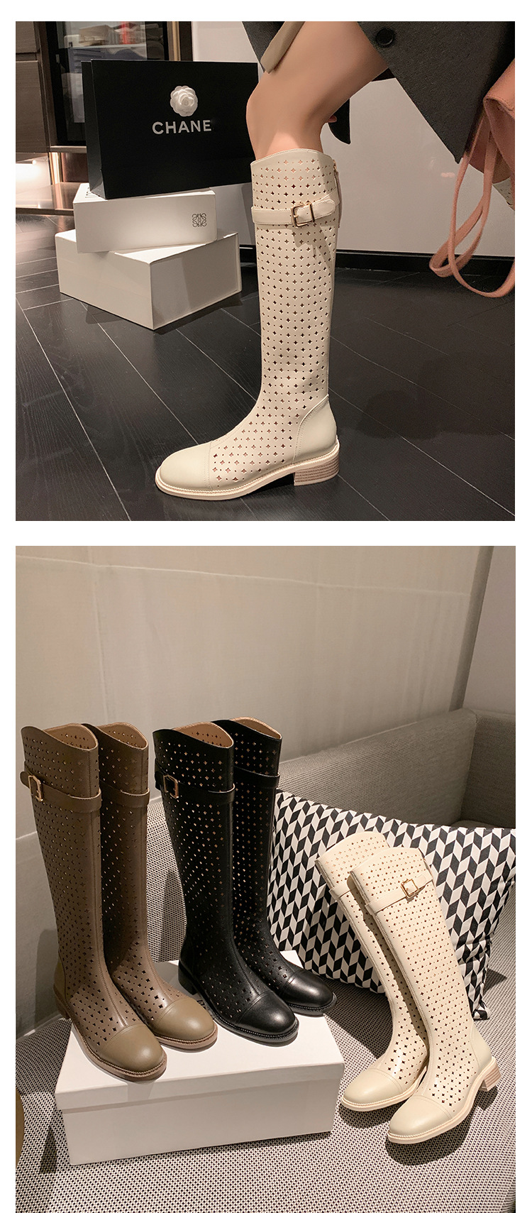 Boot nữ cổ cao rỗng dạng lưới, phong cách hè, ống cao thoáng khí — Màu đen chi tiết 25