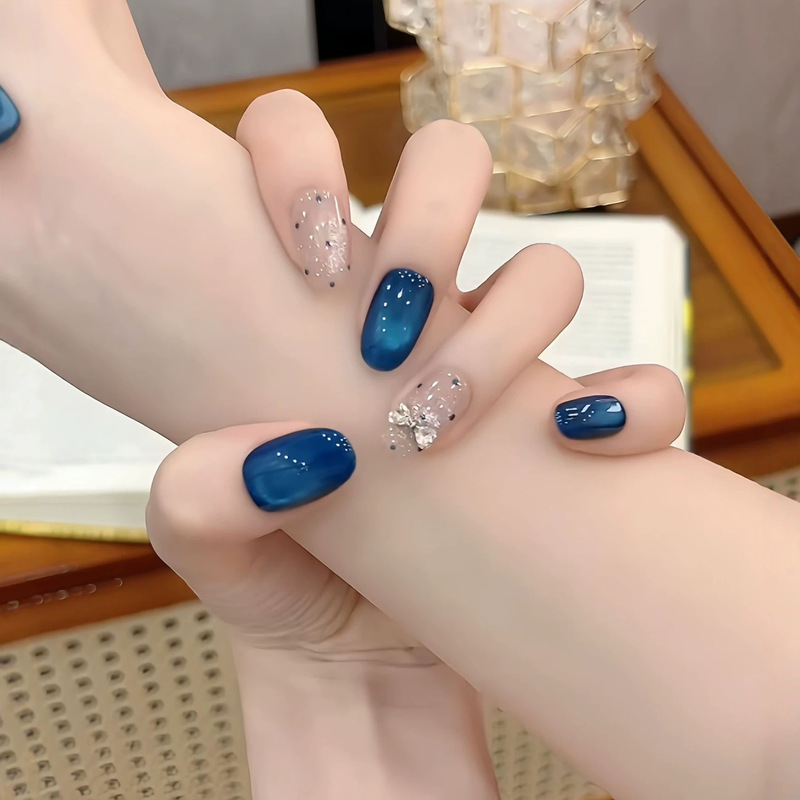 【Deep Sea Blue-Brown】Matte Navy Blue with Pearlescent Cat Eye Accents, Polka Dots, and 3D Bow for a Brightening Effect, Suitable for Daily Wear 【Deep Sea Blue-Brown】Matte Navy Blue with Pearlescent Cat Eye Accents, Polka Dots, and 3D Bow for a Brightening Effect, Suitable for Daily Wear