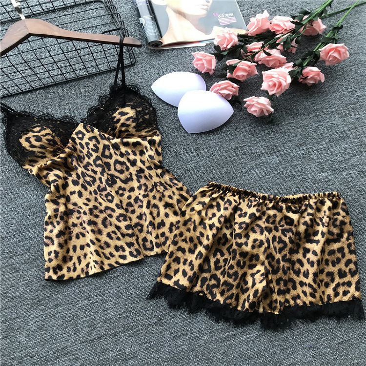 Wholesale summer new pajamas Women's Ice Silk sexy European and American leopard slip skirt shorts home clothes two-piece suit