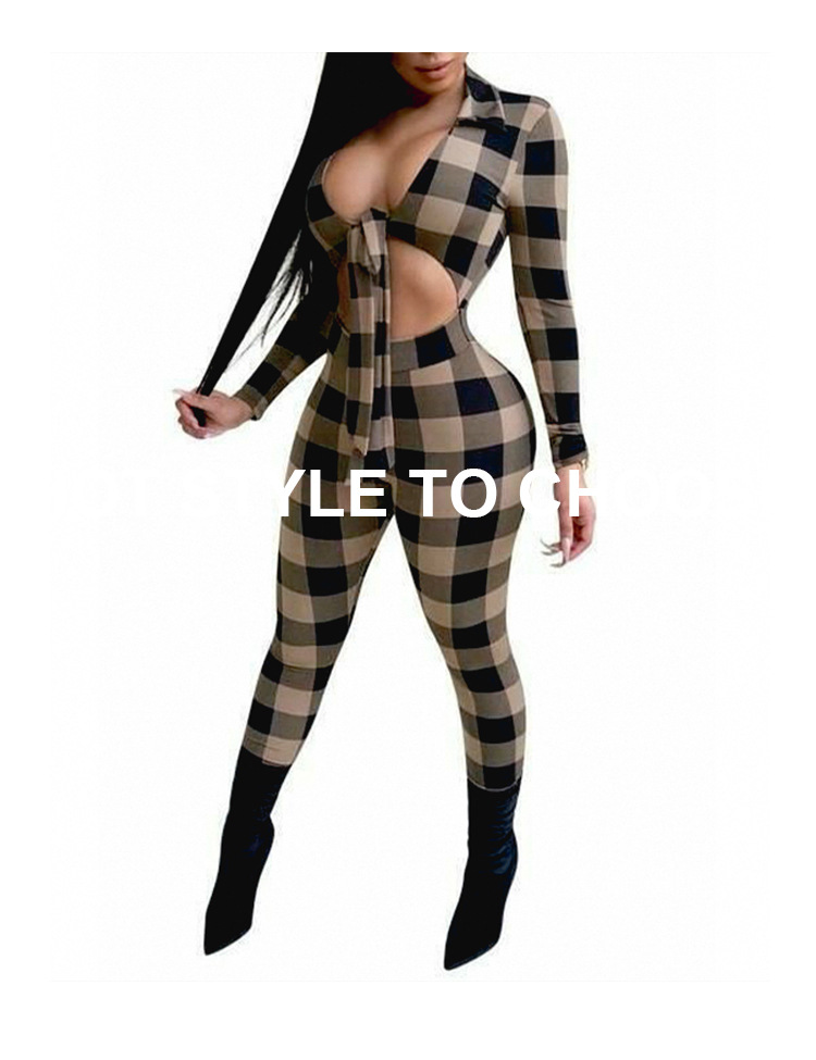 long-sleeved bandage hollow lattice print jumpsuit  NSXS35852