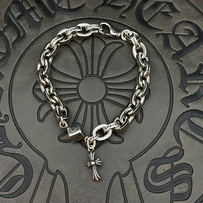 Trendy Jewelry Thick Letter Bracelet Thai Silver Retro Men's and Women's Lobster Clasp Bracelet Non-Fading Cross Pendant