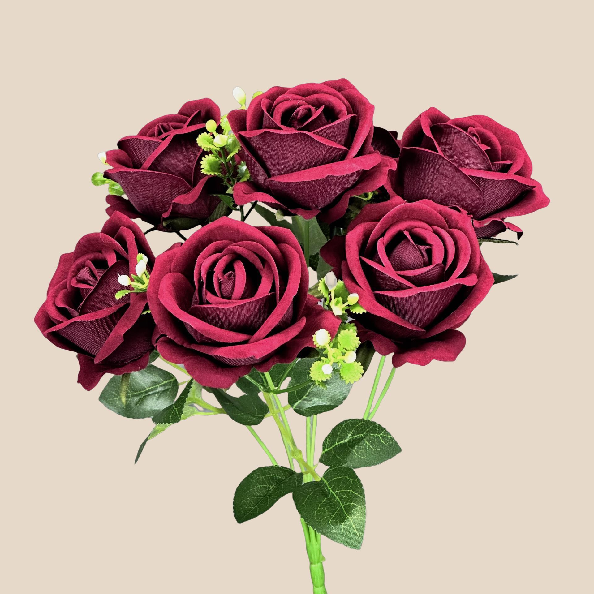 Simulación de 7 cabezas de tela de terciopelo rosa boda decoración del hogar decoración de mano transfronteriza flores falsas adornos al por mayor