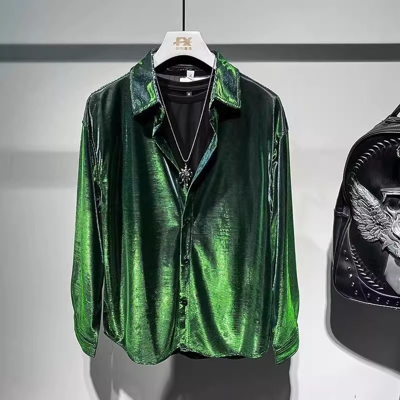 Men's High-End Liquid Colored Long-Sleeved Shirt Edgy Multi-Functional Club Inspired Fashionable Casual Cotton Polyester Shirt_viptrois.com