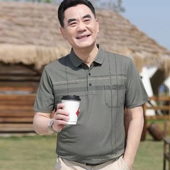 お父さん夏アイスシルク半袖Tシャツ中年男性ラペルトップポロシャツカジュアルビジネス高齢者お父さん服