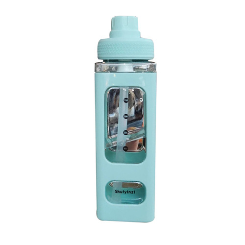 Wholesale square straw plastic sports water bottle high-looking square cup double-layer convenient handle kettle cross-border e-commerce