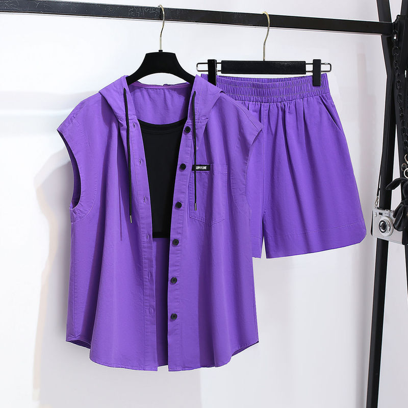 Sun-Protective Hooded Sleeveless Shirt, Jacket, Camisole, Wide-Leg Shorts Women's 2026 Summer New Style Petite Three-Piece Set