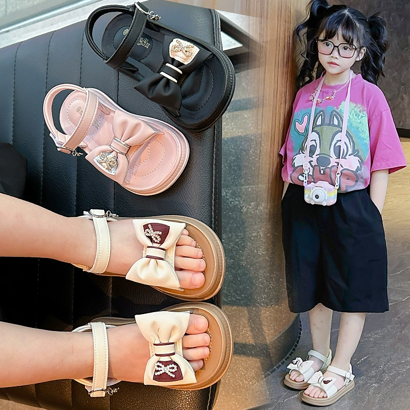 Принцесса Сандалии для девочек 2025 Новый стиль стразы банты маленькие и большие дети пляжные туфли детские сандалии прилив