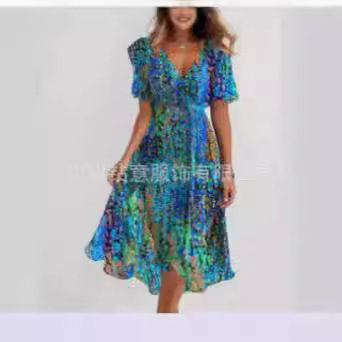 New Amazon Cross-Border E-Commerce Loose Casual Elegant V-Neck Floral Print Hot-Selling Dress for Women