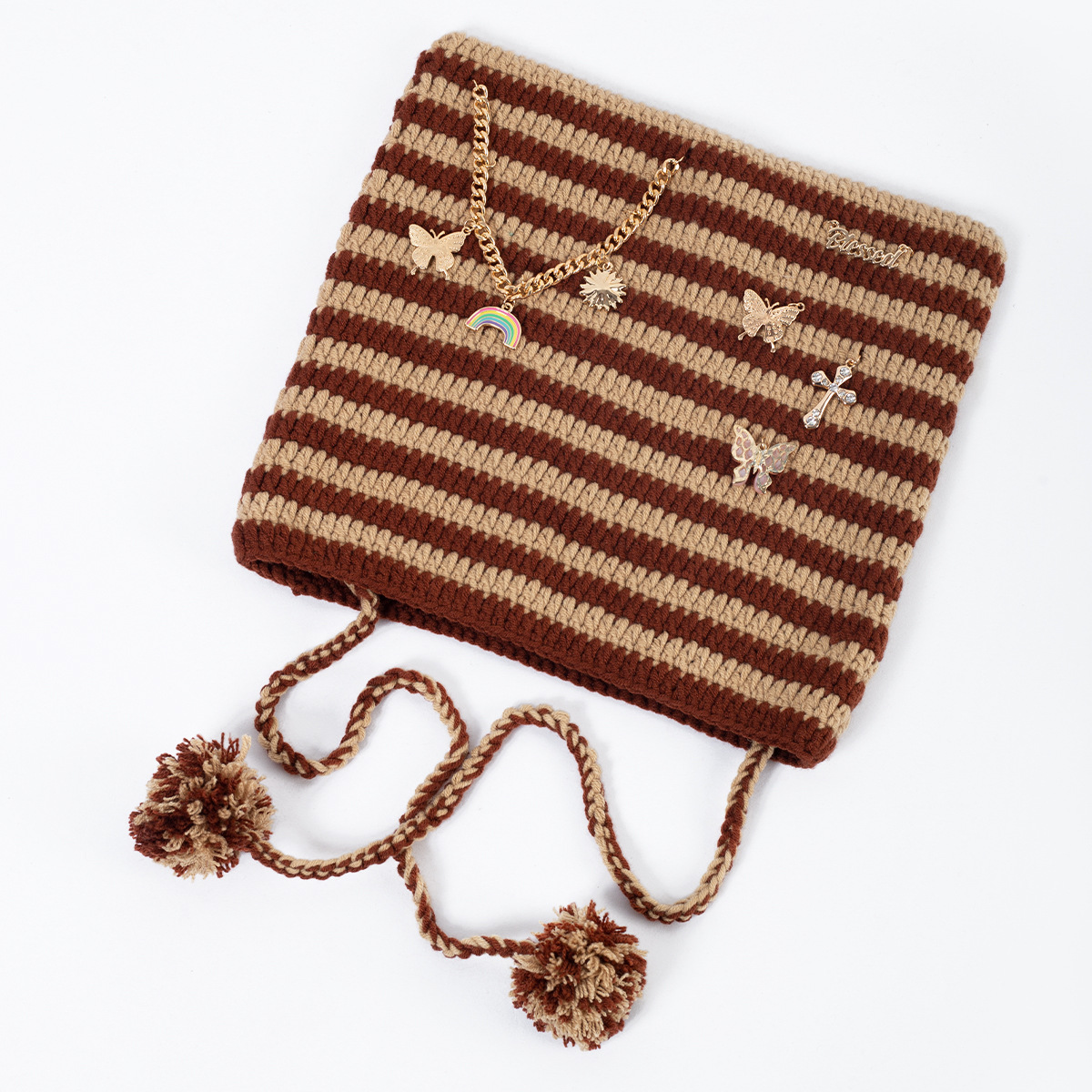 Süße kleine Teufel gestreifte gestrickte Wollmütze weibliche Herbst und Winter coole trendige Katzenohren süße Pullover kalte Mütze_voghion.com