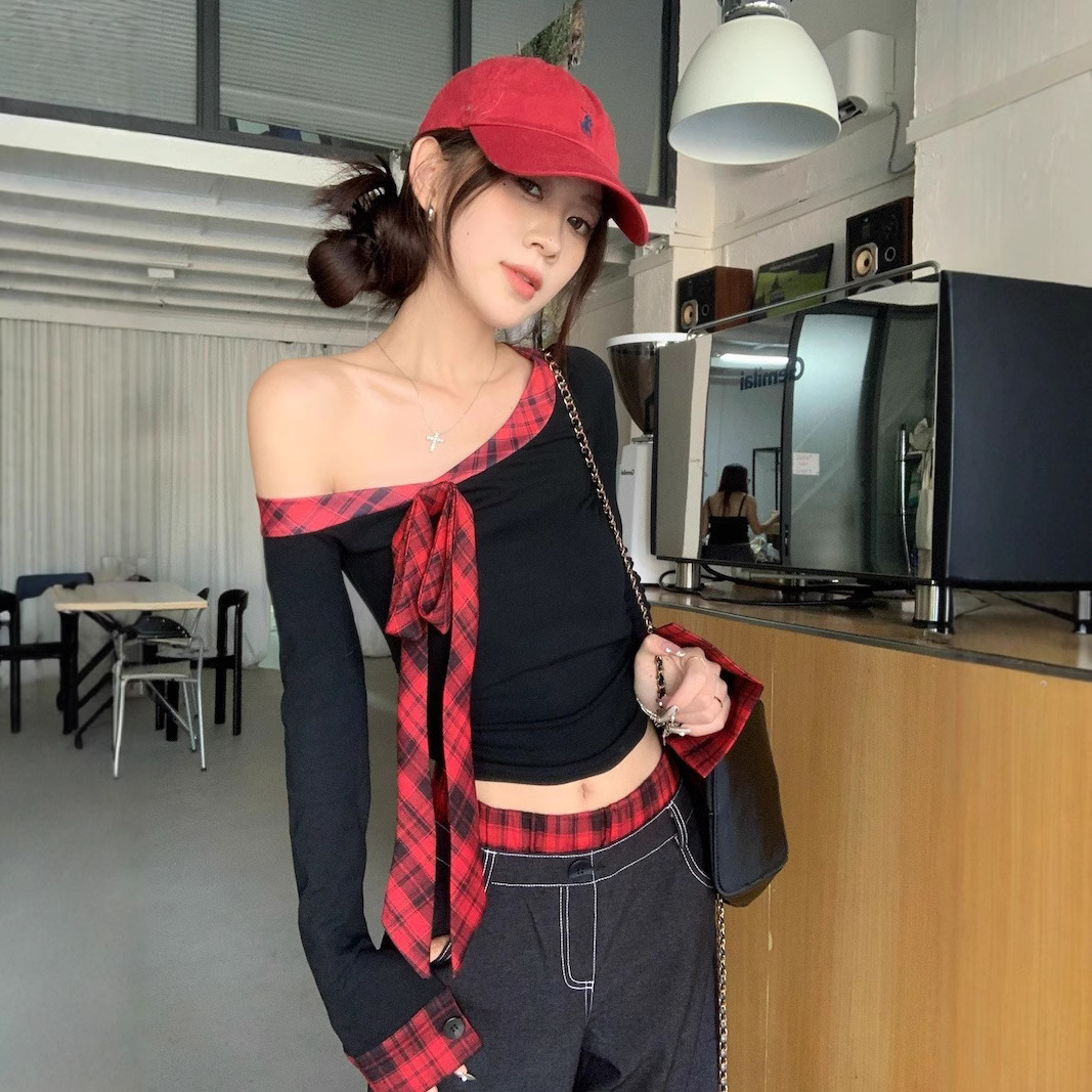 빈티지 아메리칸 스타일 스파이스 소녀 스타일 독특한 세련된 긴팔 티셔츠 여성의 새로운 슬림 핏 짧은 격자 무늬 레이스 업 탑