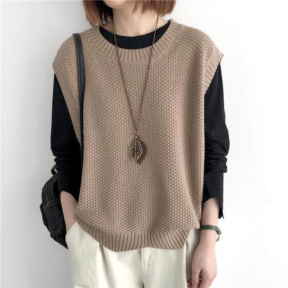 Knitted Vest Women's Outer Wearing Spring and Autumn High-grade Solid Color Loose Crewneck Pullover Irregular Stacked Vest