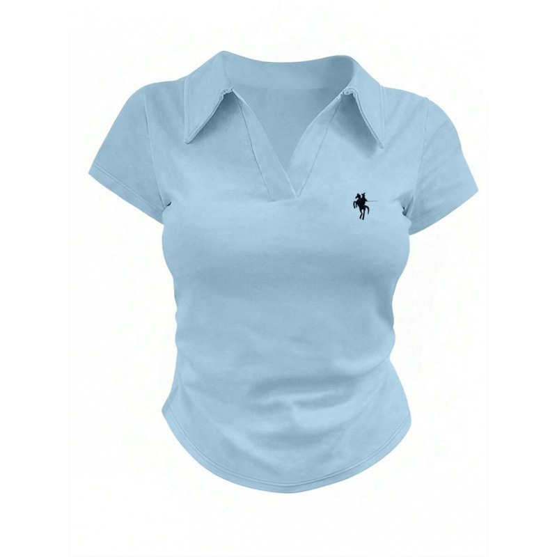 速卖通秋季外贸新款 T-Shirts 女款休闲时尚骑士印花翻领短袖T恤|undefined