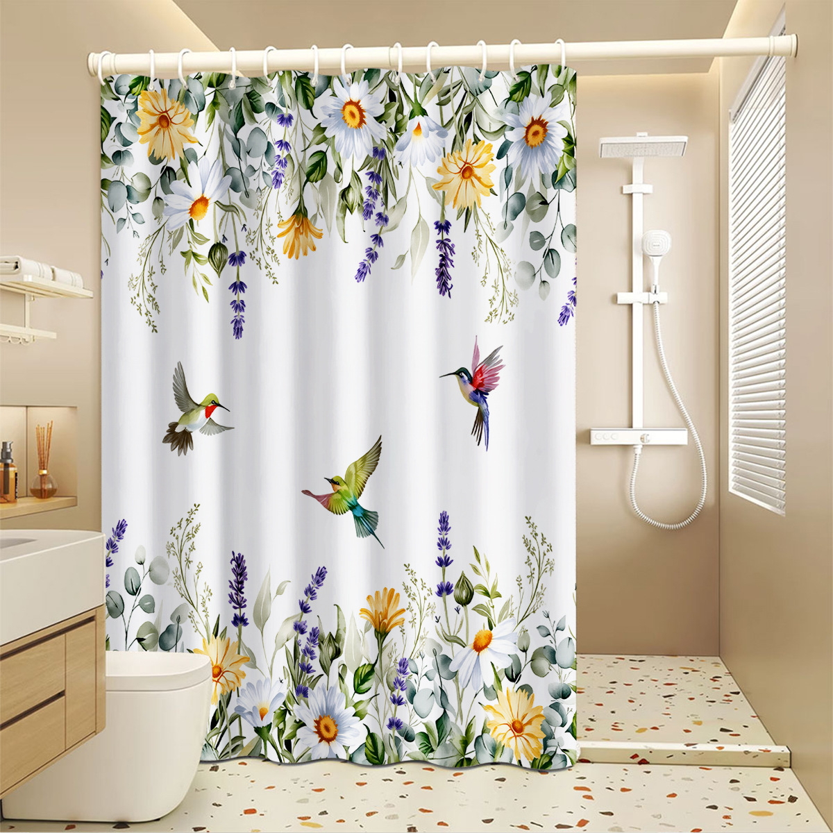 Cross-border Bird Pattern Shower Waterproof And Mold-Proof, No-Drill Bathroom Partition Curtain, Hanging Curtain_voghion.com