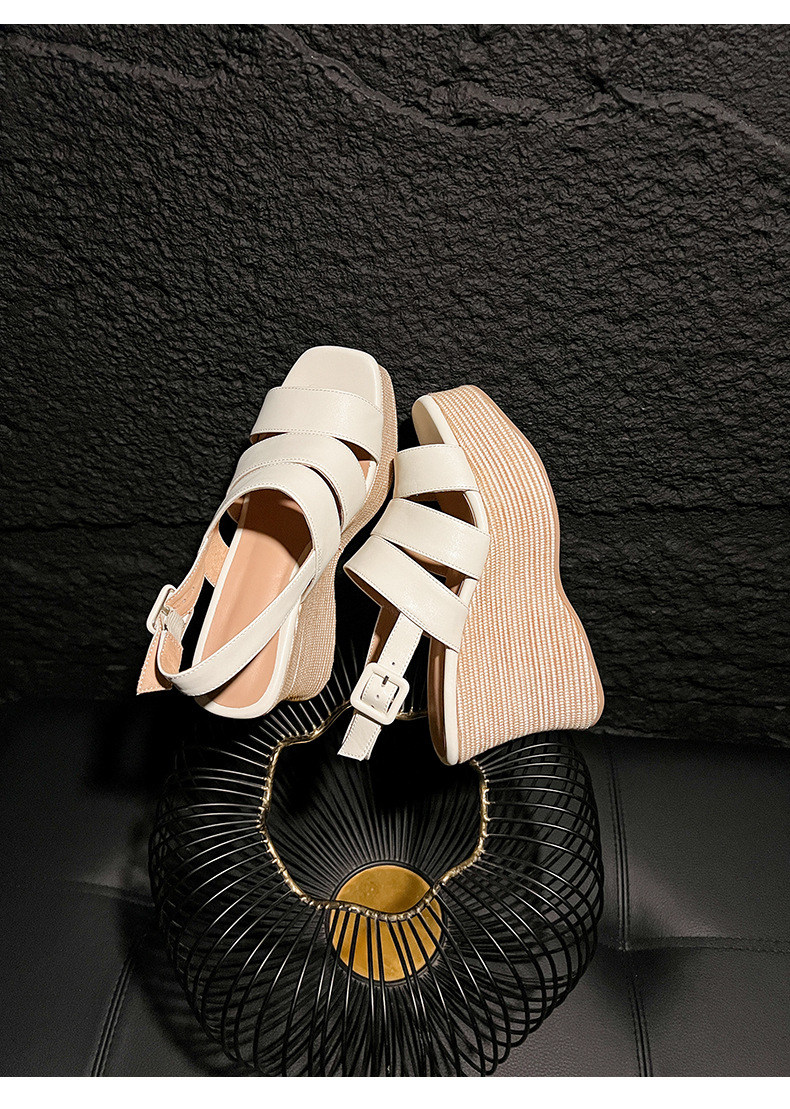 Sandal cao gót nữ hở mũi quai ngang đế xuồng da thật — màu đen, màu trắng ngà chi tiết 17