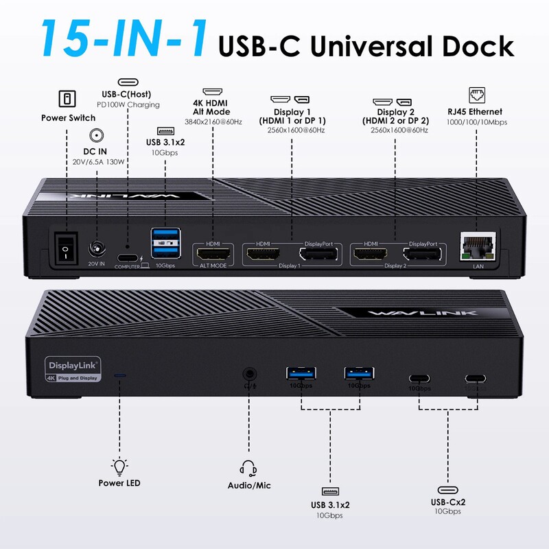 Wavlink 4K@60Hz Triple Monitor Laptop Docking Station with 100W Pd Charging Docking Station