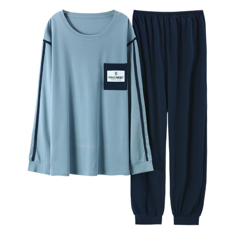 Nuevo traje de ropa para el hogar de algodón puro para hombres pijamas pantalones de algodón de manga larga para hombres delgados de primavera y otoño se pueden usar fuera suéter de cuello redondo