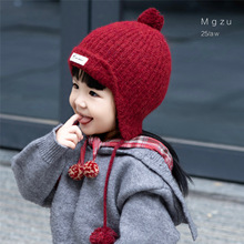 儿童帽子秋冬中厚女童针织保暖系带护耳帽韩系洋气球球宝宝毛线帽