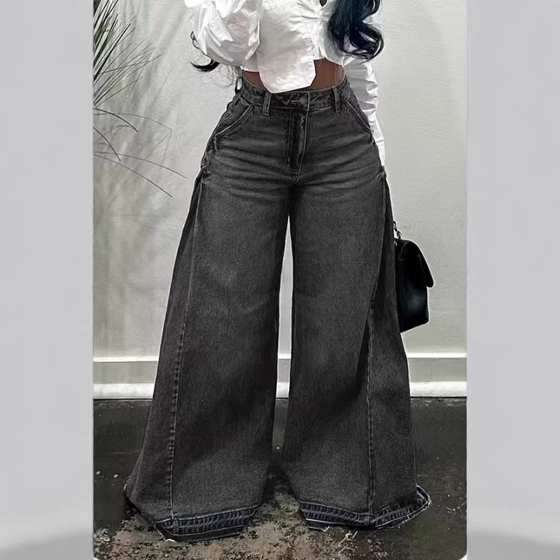 Cross-Border European and American Wide-Leg Jeans for Women Y2K Blue Washed Patchwork Flared Pants Loose Floor-Length Tassel Trousers