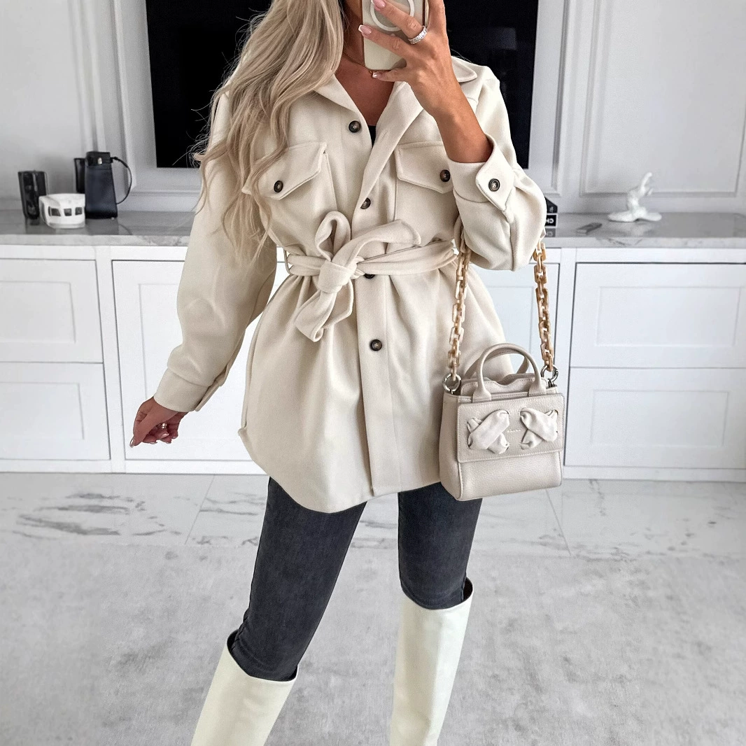 Модное демисезонное шерстяное пальто с длинным рукавом, цветным поясом, ebay, европейский стиль