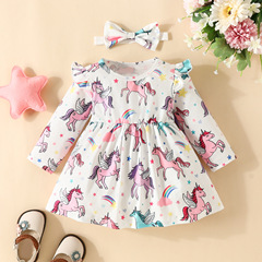 跨境秋季女嬰長袖連衣裙+蝴蝶結髮帶女孩新款蝴蝶獨角獸休閒裙子