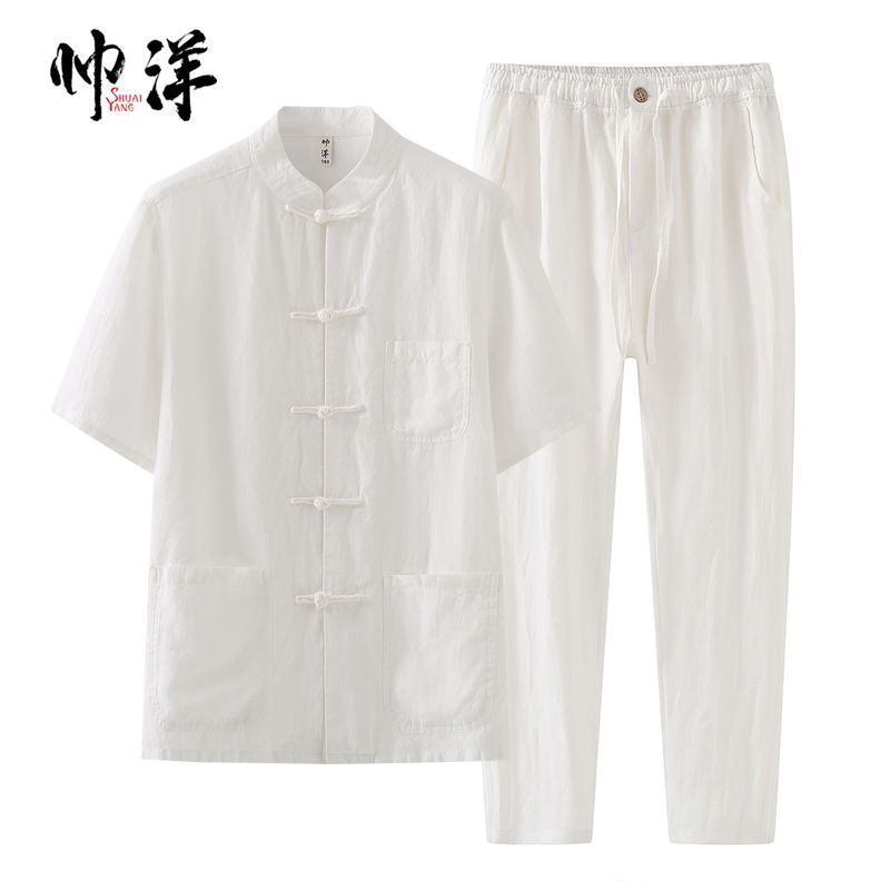 Traje Tang de lino puro traje de verano para hombre estilo chino retro juvenil fino color sólido mejorado casual hebilla Hanfu