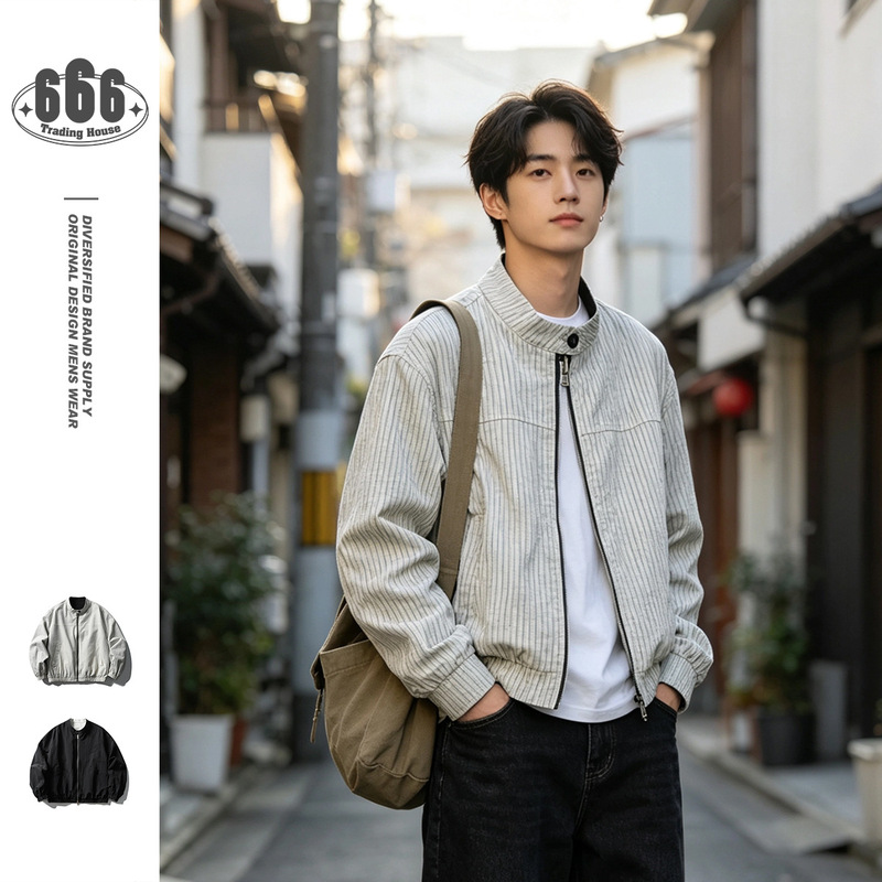 Undomaze Designer Trendy Brand Retro Reversible Stand-Collar Jacket Men's Spring and Autumn Striped Top Coat 038 Undomaze Designer Trendy Brand Retro Reversible Stand-Collar Jacket Men's Spring and Autumn Striped Top Coat 038