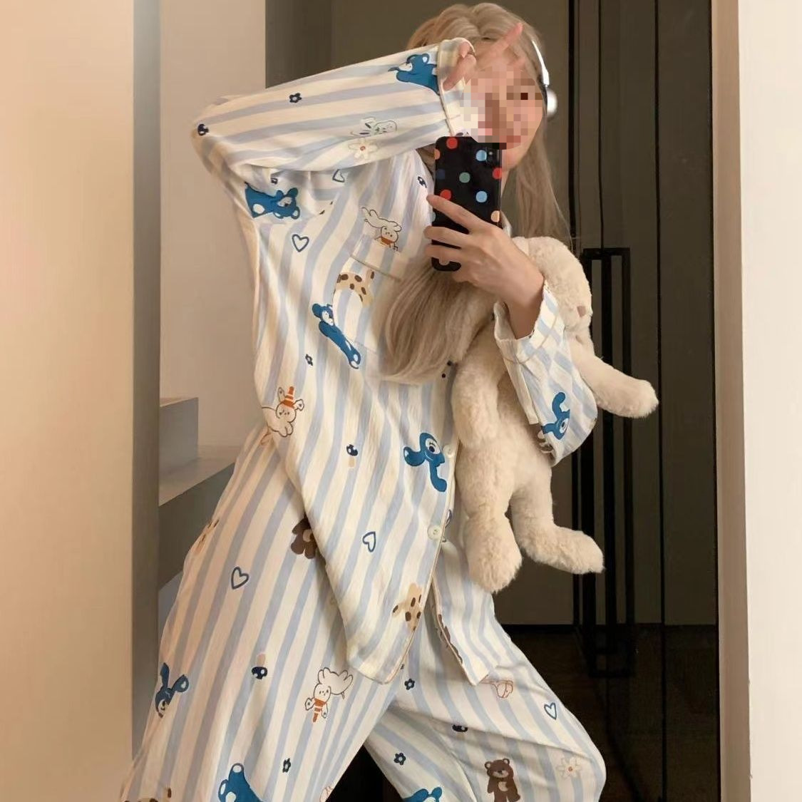 KT gato pijama de dibujos animados de primavera y verano nubes de algodón pantalones de manga larga dos piezas estudiantes textura encantadora ropa doméstica de niña