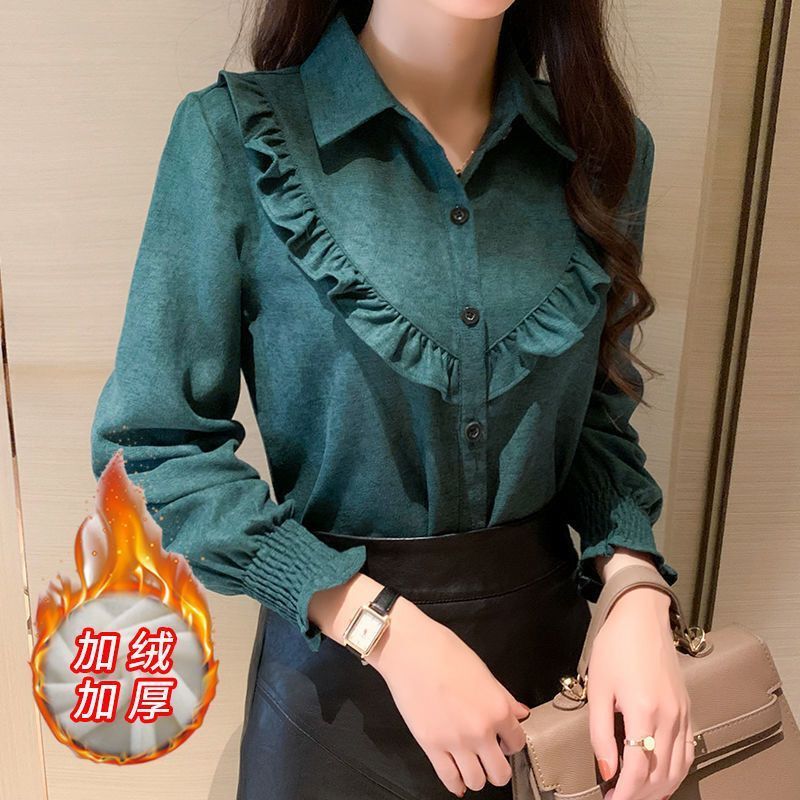 加绒加厚红色秋冬新款灯笼袖时尚长袖衬衫女宽松内搭衬衣外套保|undefined