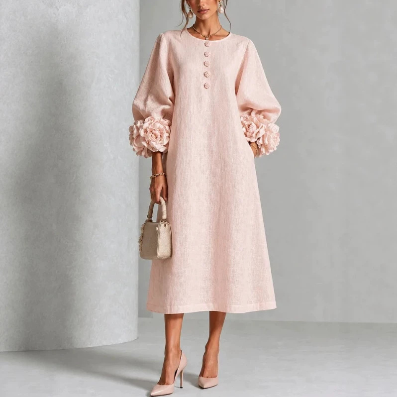 2026 European and American independent site Amazon elegant cotton-linen floral sleeve dress 2026 European and American independent site Amazon elegant cotton-linen floral sleeve dress