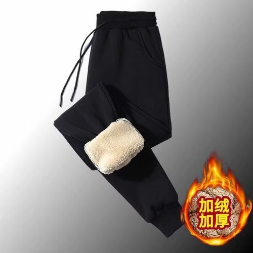 Men's Autumn/Winter Fleece Lamb Wool Warm Ankle Belted Pajama Pants Home Loose Versatile Casual Trendy Brand