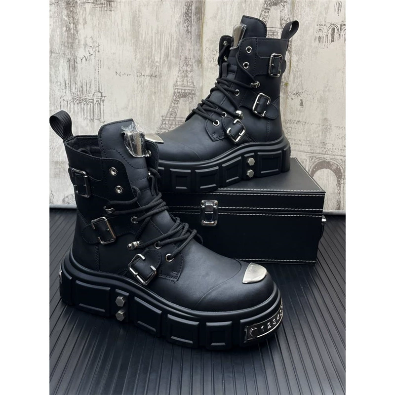 Новая мужская кожаная индивидуальность большая голова, сапоги с толстой подошвы, чтобы увеличить модный тренд Martin сапоги осенняя и зимняя высокая мужская обувь