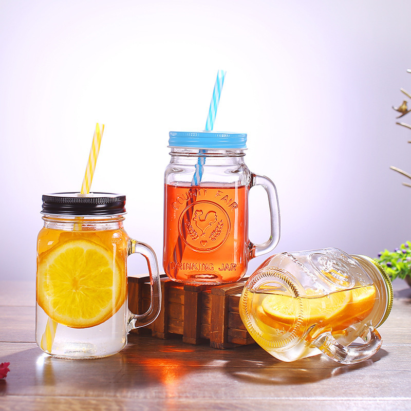 创意时尚网红渐变色把手玻璃水杯公鸡杯饮料梅森瓶广告口杯带吸管