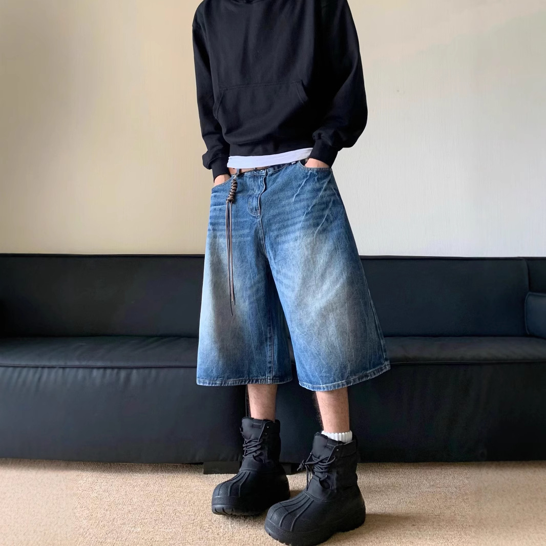 American Style Retro Old Lightning Pattern Straight Denim Shorts Men's Summer New Loose Cropped Pants with Wide Legs