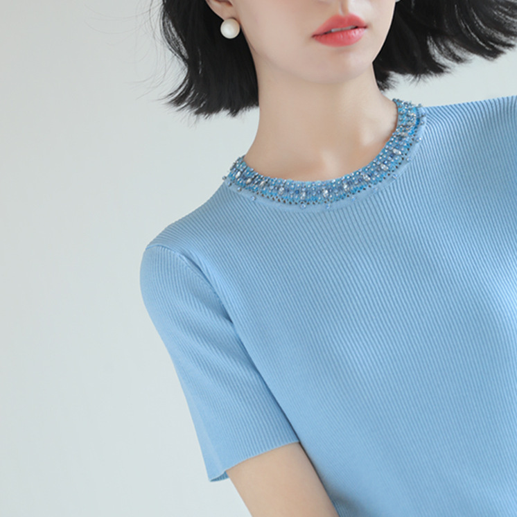 New 2024 Summer Ice Silk Short-Sleeved T-Shirt Rhinestone Knitwear Round Neck Top for Women Handmade Brick Decoration New 2024 Summer Ice Silk Short-Sleeved T-Shirt Rhinestone Knitwear Round Neck Top for Women Handmade Brick Decoration