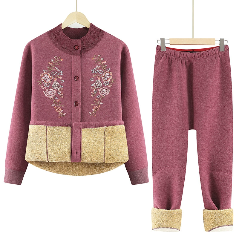 Осенне-зимний Кардиган для бабушки, термобелье для женщин среднего и пожилого возраста, утепленная флисовая подкладка для матери, утолщенная флисовая куртка из ягненка, костюм из двух предметов