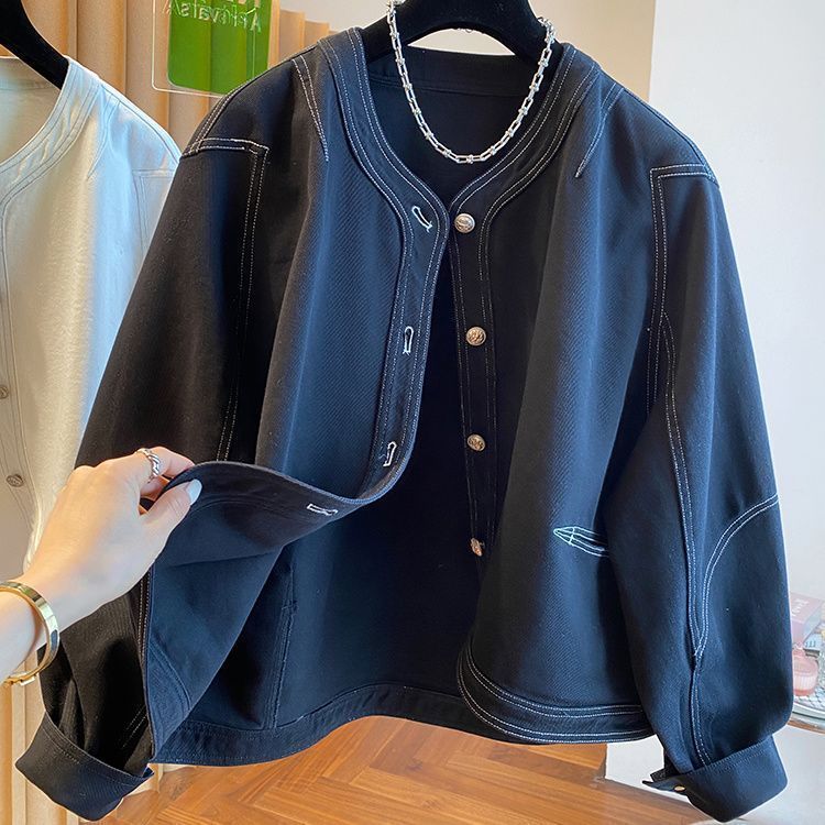 高级感明线黑色牛仔外套女春秋2025新款宽松休闲无领薄款夹克上衣|undefined