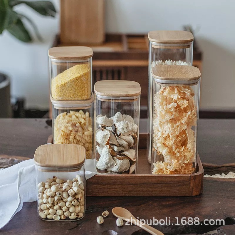 High Borosilicate Glass Simple Household Square Tea Jar Kitchen Storage Coarse Grain Jar High Temperature Sealed Storage Jar
